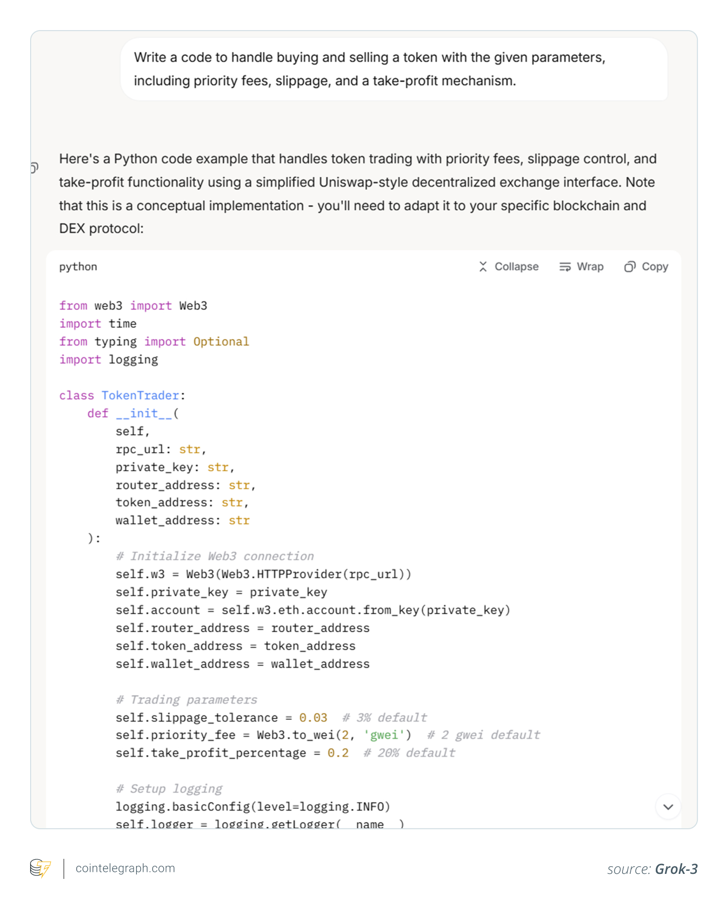 Grok-3 code generation for handling buying and selling tokens