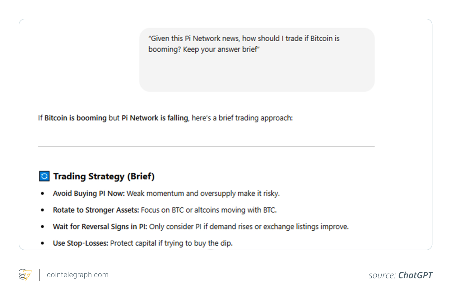 Trading strategy suggested by ChatGPT when BTC is booming and Pi is failing