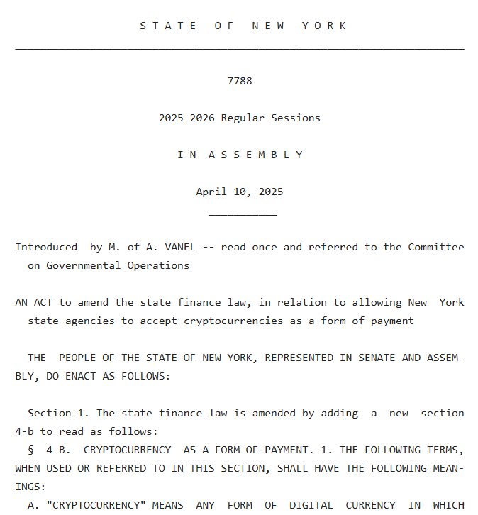 New York bill proposes legalizing Bitcoin, crypto for state payments
